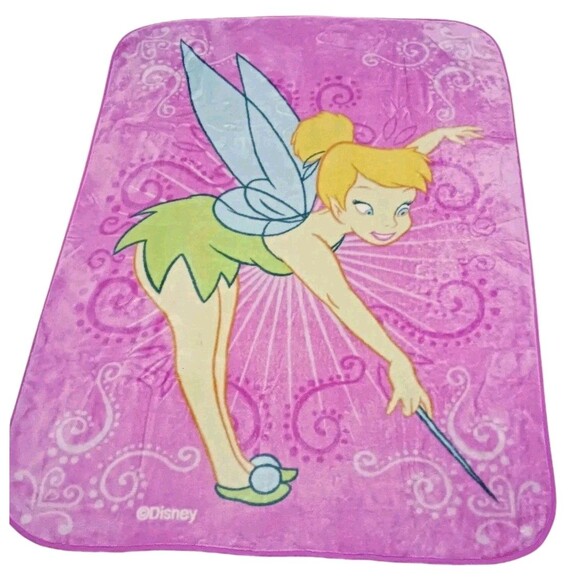 Vintage Disney Fairies Tinker Bell Plush Fleece Pink Large Throw Blanket 60 X 80 - Picture 1 of 3